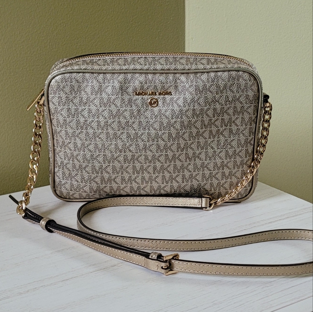 Michael Kors Gold Metallic Signature Coated Canvas Crossbody Bag